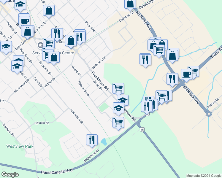 map of restaurants, bars, coffee shops, grocery stores, and more near 345 Franktown Road in Carleton Place