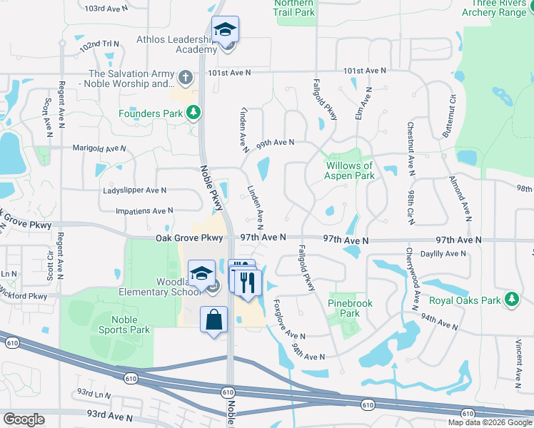 map of restaurants, bars, coffee shops, grocery stores, and more near 9715 Greenspruce Avenue North in Minneapolis