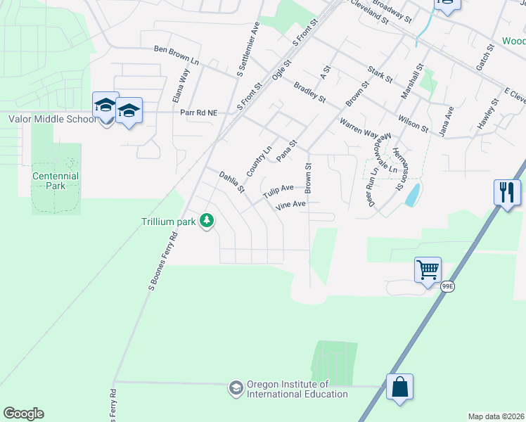 map of restaurants, bars, coffee shops, grocery stores, and more near 1277 Dahlia Street in Woodburn