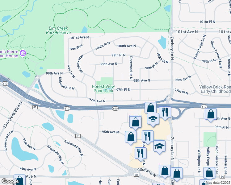 map of restaurants, bars, coffee shops, grocery stores, and more near 9730 Forestview Lane North in Maple Grove
