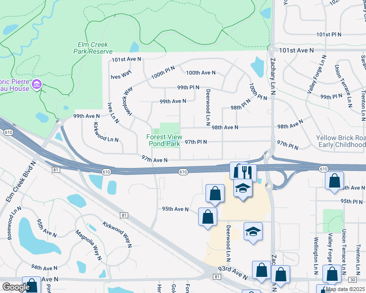 map of restaurants, bars, coffee shops, grocery stores, and more near 9730 Forestview Lane North in Maple Grove