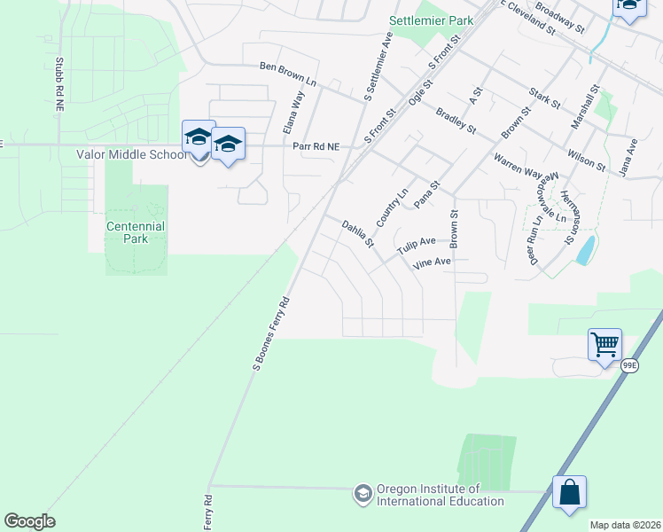 map of restaurants, bars, coffee shops, grocery stores, and more near 1317 Sunflower Street in Woodburn