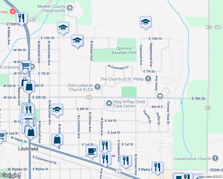 map of restaurants, bars, coffee shops, grocery stores, and more near 624 South Crescent Lane in Litchfield