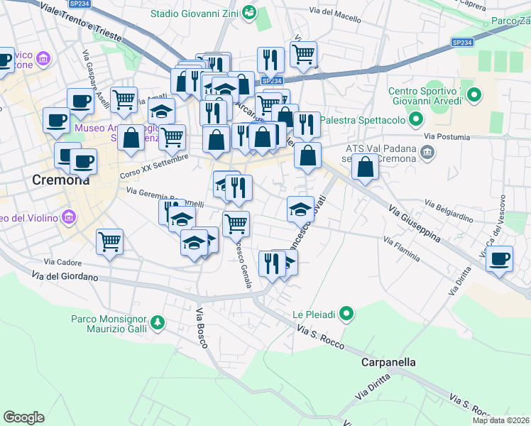 map of restaurants, bars, coffee shops, grocery stores, and more near 8 Via Alessandro Lamo in Cremona