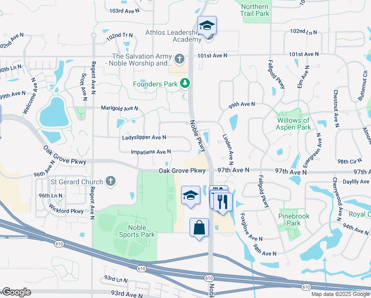 map of restaurants, bars, coffee shops, grocery stores, and more near 4405 Impatiens Avenue North in Minneapolis