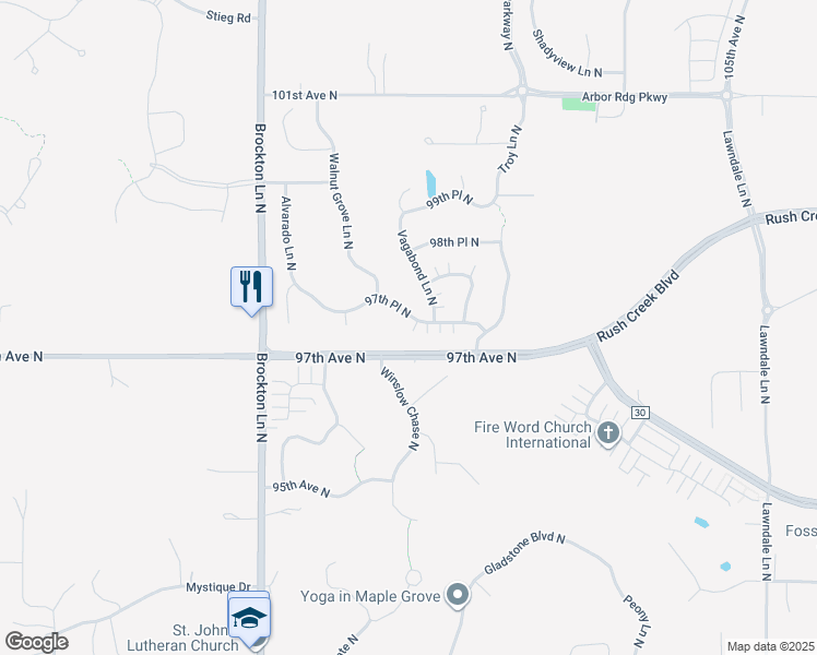 map of restaurants, bars, coffee shops, grocery stores, and more near 18573 97th Place North in Osseo
