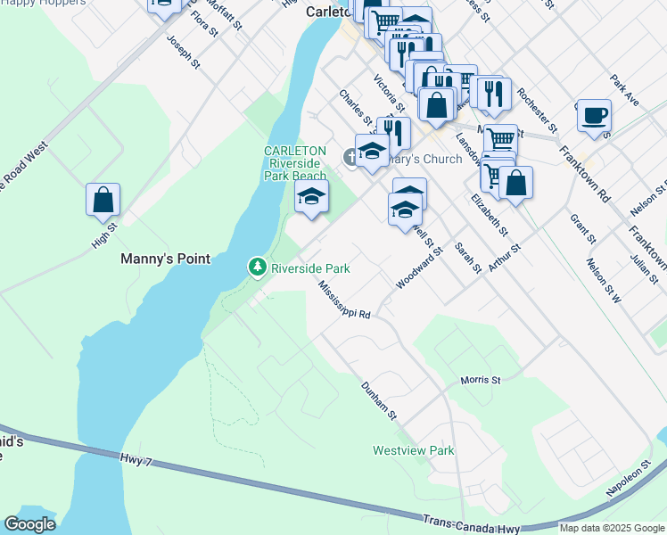 map of restaurants, bars, coffee shops, grocery stores, and more near 219 Blair Street in Carleton Place