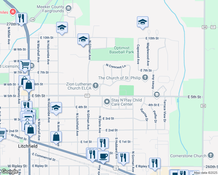 map of restaurants, bars, coffee shops, grocery stores, and more near 624 South Crescent Lane in Litchfield