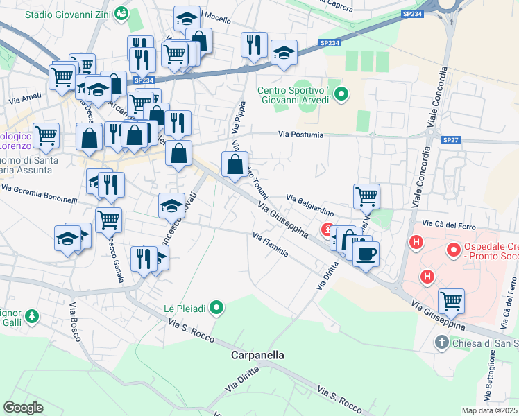 map of restaurants, bars, coffee shops, grocery stores, and more near 15-19 Via Giuseppina in Cremona