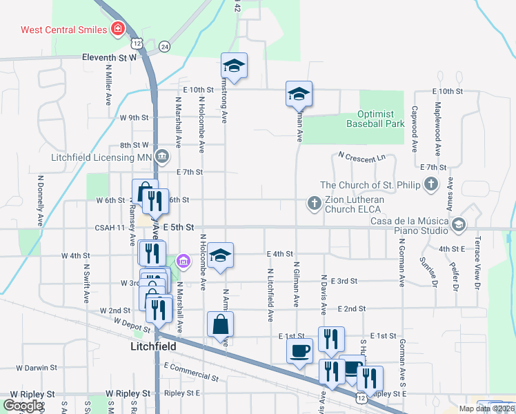 map of restaurants, bars, coffee shops, grocery stores, and more near 330 East 6th Street in Litchfield