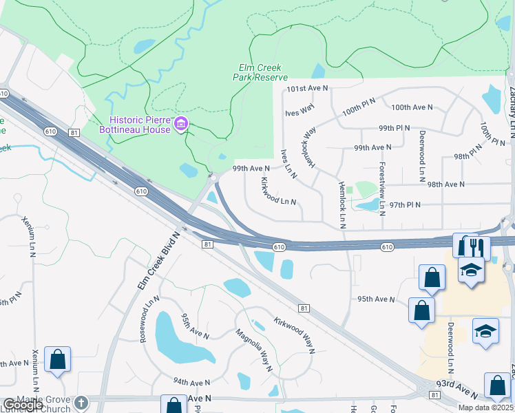 map of restaurants, bars, coffee shops, grocery stores, and more near 12392 97th Avenue North in Maple Grove