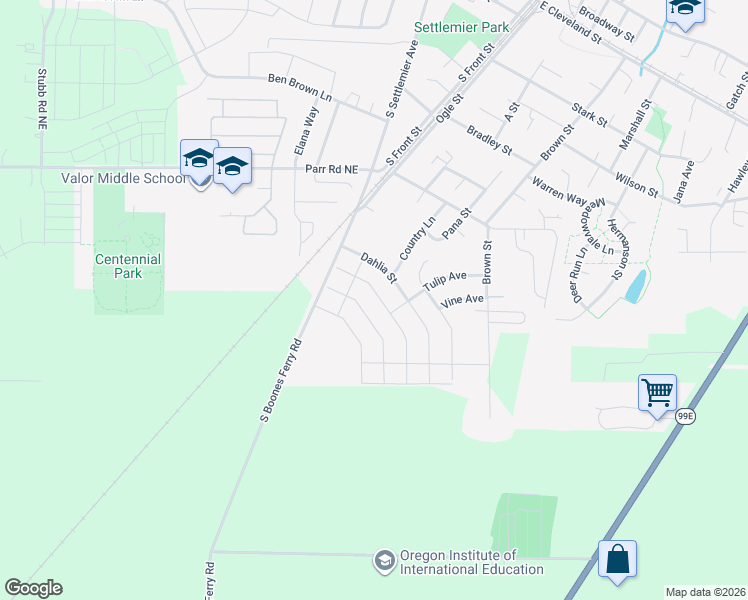 map of restaurants, bars, coffee shops, grocery stores, and more near 1265 Daylily Street in Woodburn