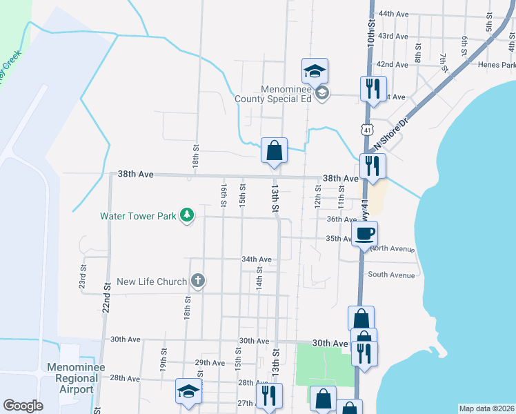 map of restaurants, bars, coffee shops, grocery stores, and more near 1300-1498 36th Avenue in Menominee