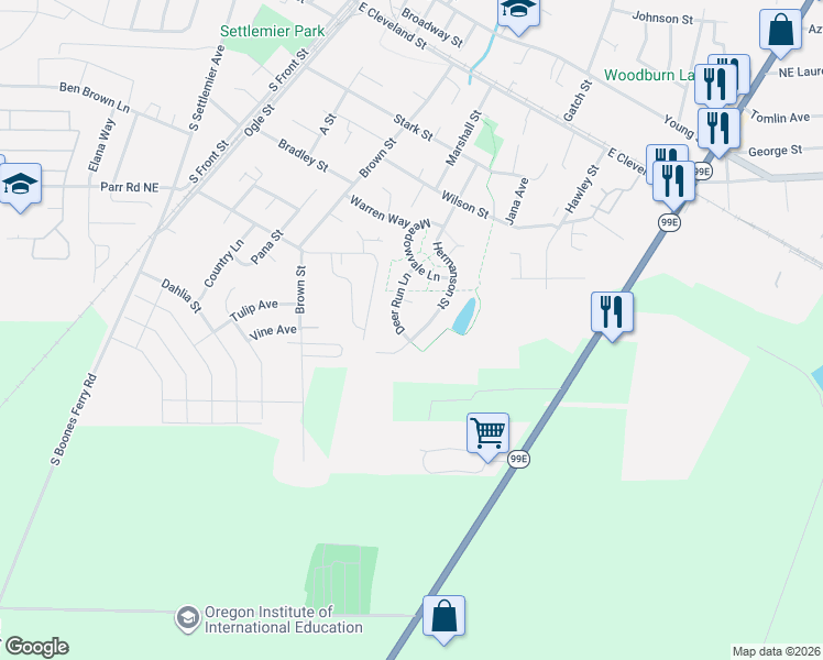 map of restaurants, bars, coffee shops, grocery stores, and more near 1096 Deer Run Lane in Woodburn