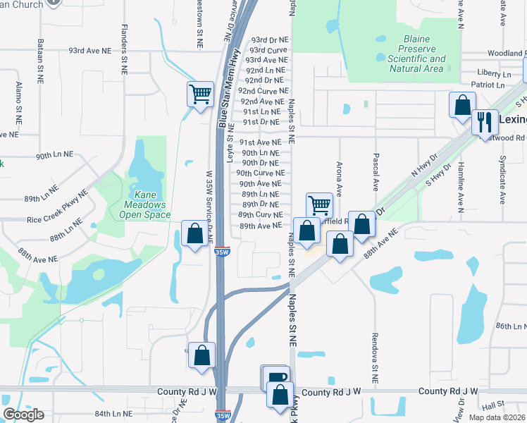 map of restaurants, bars, coffee shops, grocery stores, and more near 3303 89th Curve Northeast in Blaine