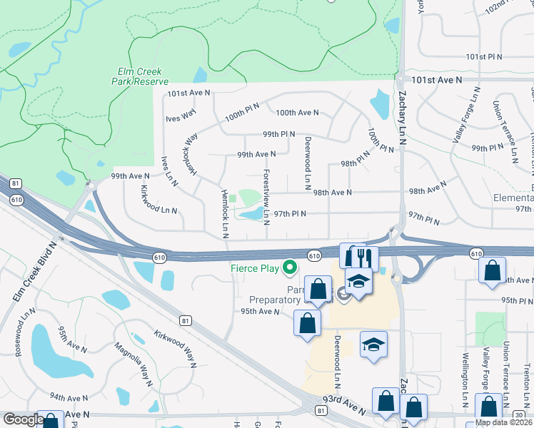 map of restaurants, bars, coffee shops, grocery stores, and more near 9730 Forestview Lane North in Maple Grove