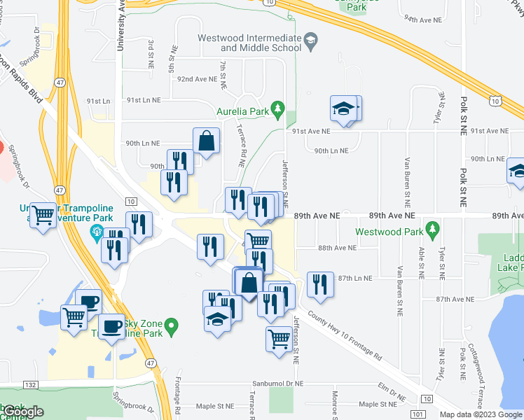 map of restaurants, bars, coffee shops, grocery stores, and more near 293 89th Avenue Northeast in Blaine