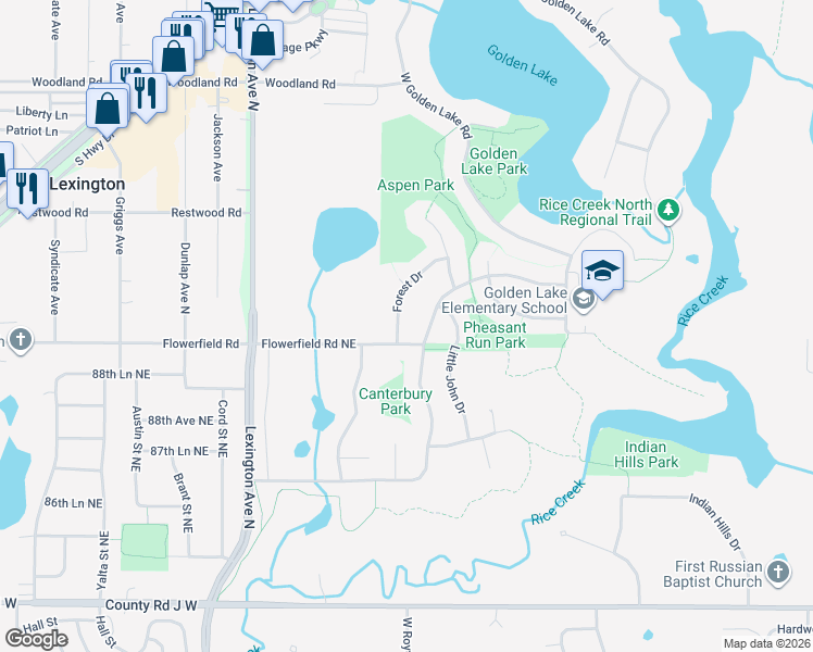 map of restaurants, bars, coffee shops, grocery stores, and more near 342 Forest Drive in Circle Pines