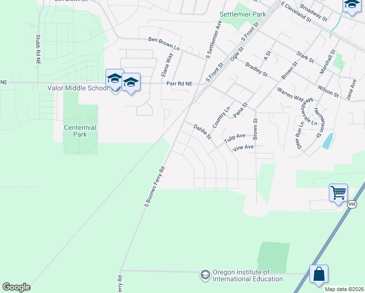 map of restaurants, bars, coffee shops, grocery stores, and more near 1317 Sunflower Street in Woodburn