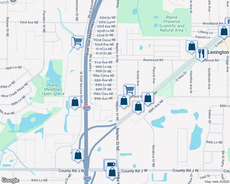 map of restaurants, bars, coffee shops, grocery stores, and more near 3351 89th Curve Northeast in Blaine