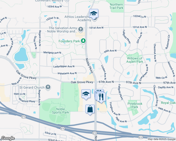 map of restaurants, bars, coffee shops, grocery stores, and more near 4405 Impatiens Avenue North in Minneapolis