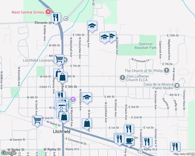 map of restaurants, bars, coffee shops, grocery stores, and more near 330 East 6th Street in Litchfield