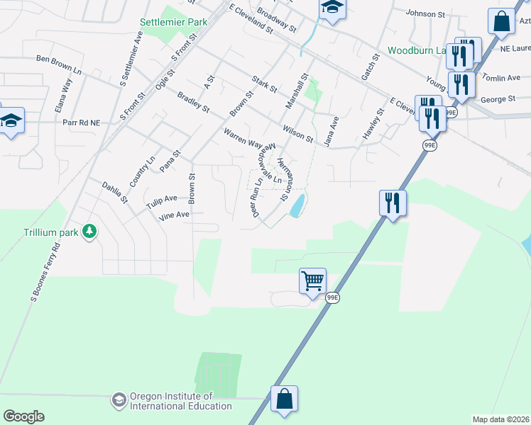 map of restaurants, bars, coffee shops, grocery stores, and more near 1096 Deer Run Lane in Woodburn