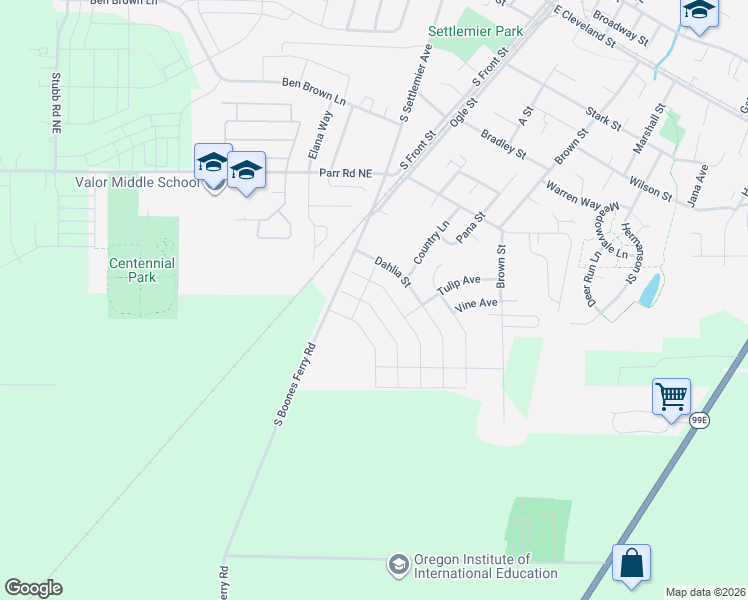 map of restaurants, bars, coffee shops, grocery stores, and more near 1265 Daylily Street in Woodburn