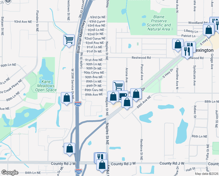 map of restaurants, bars, coffee shops, grocery stores, and more near 3351 89th Curve Northeast in Blaine