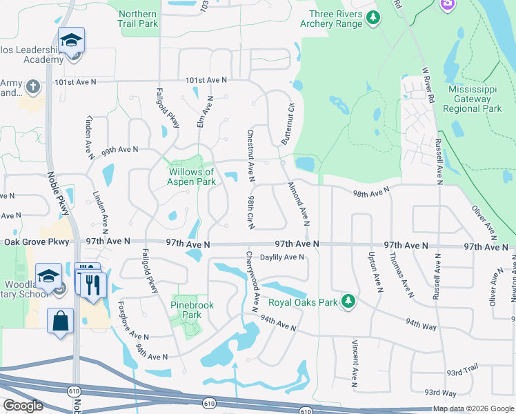 map of restaurants, bars, coffee shops, grocery stores, and more near 3226 98th Circle North in Minneapolis