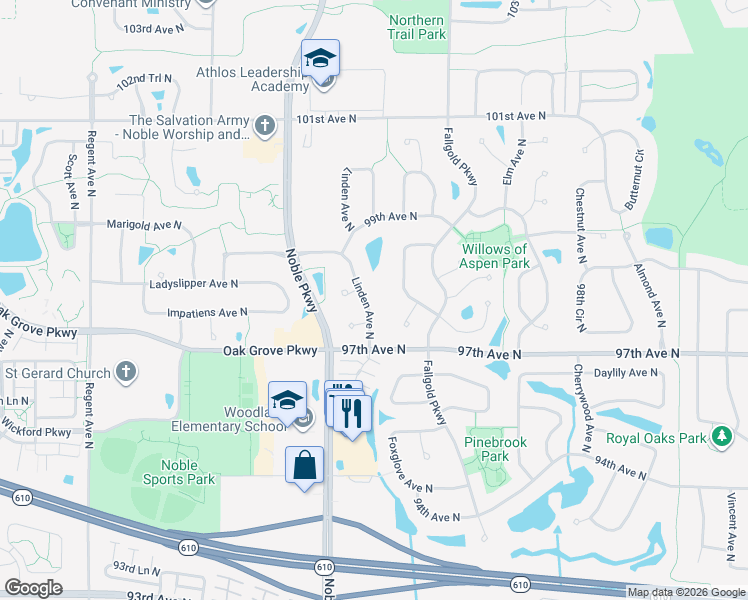 map of restaurants, bars, coffee shops, grocery stores, and more near 9801 Linden Avenue North in Minneapolis