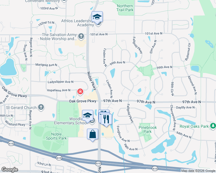 map of restaurants, bars, coffee shops, grocery stores, and more near 9801 Linden Ave N in Minneapolis