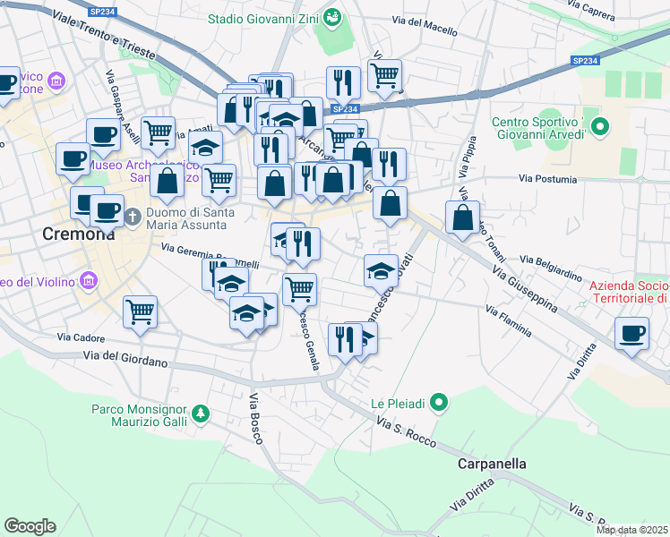map of restaurants, bars, coffee shops, grocery stores, and more near 8 Via Alessandro Lamo in Cremona