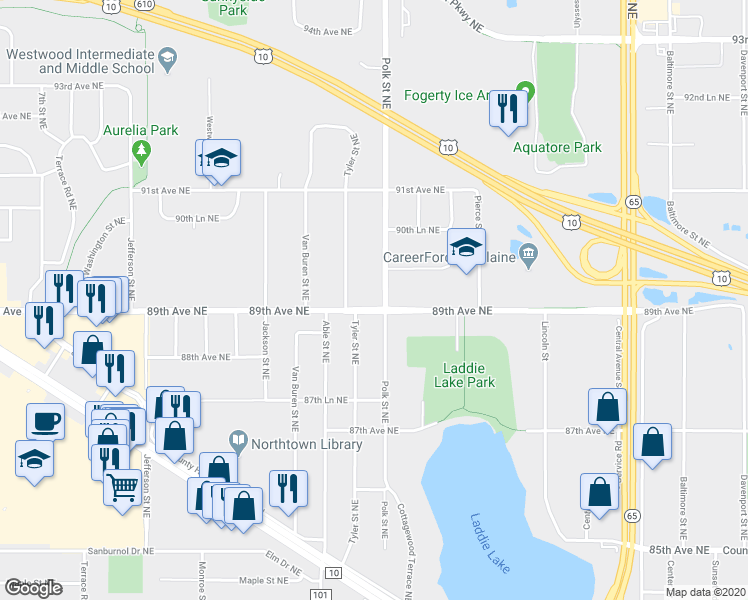 map of restaurants, bars, coffee shops, grocery stores, and more near 981 89th Avenue Northeast in Blaine
