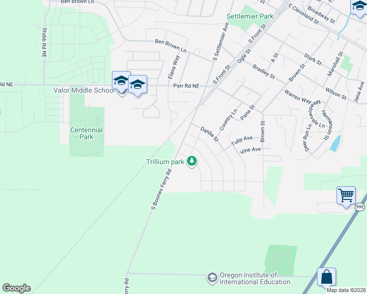 map of restaurants, bars, coffee shops, grocery stores, and more near 1301 Sunflower Street in Woodburn