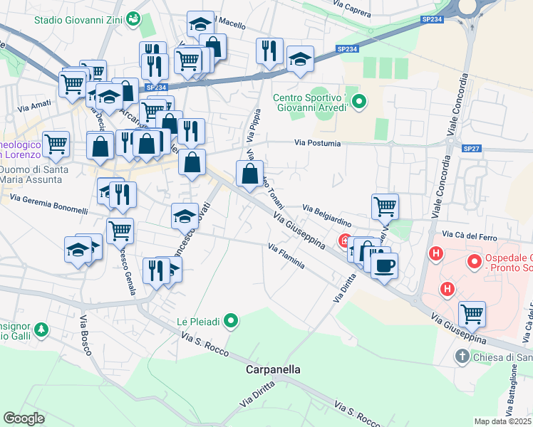 map of restaurants, bars, coffee shops, grocery stores, and more near 19 Via Giuseppina in Cremona