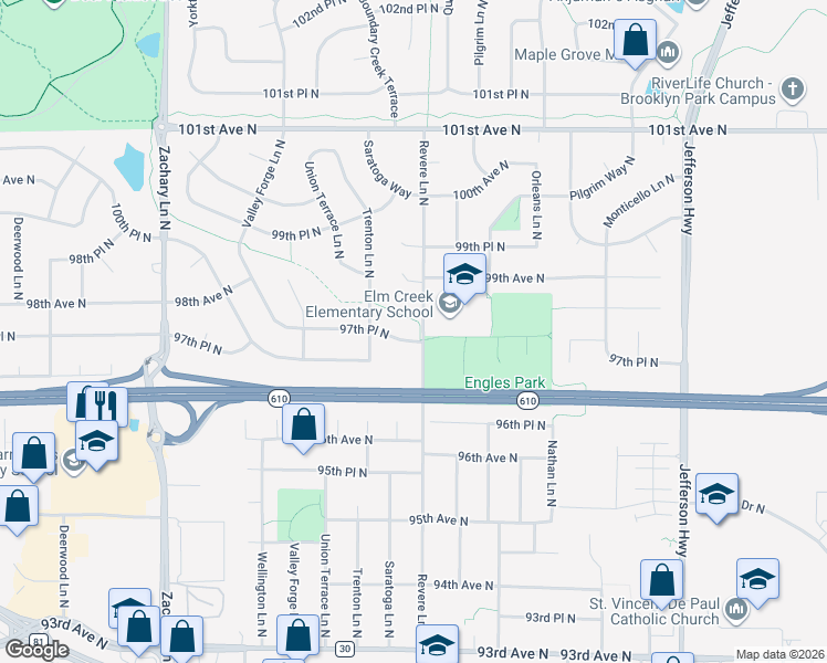 map of restaurants, bars, coffee shops, grocery stores, and more near 10310 97th Place North in Maple Grove