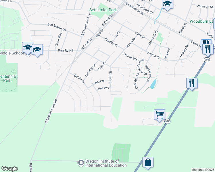 map of restaurants, bars, coffee shops, grocery stores, and more near 471 Vine Avenue in Woodburn