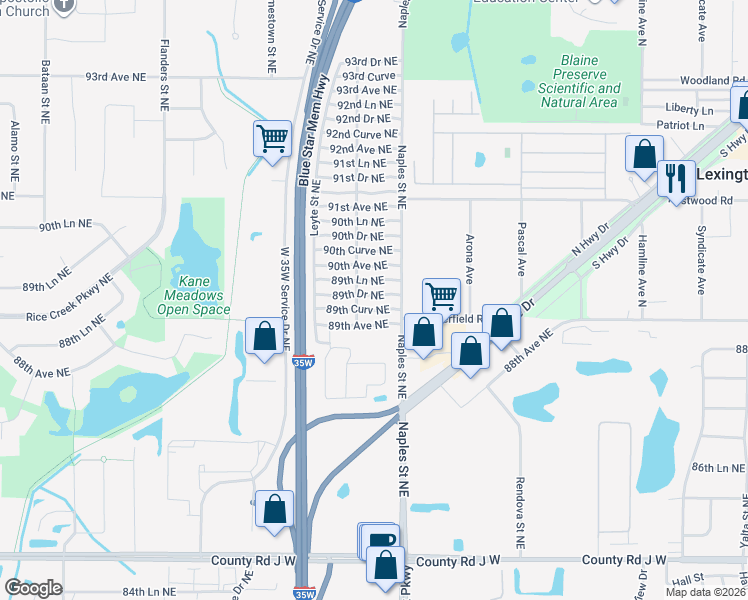map of restaurants, bars, coffee shops, grocery stores, and more near 3303 89th Curve Northeast in Blaine