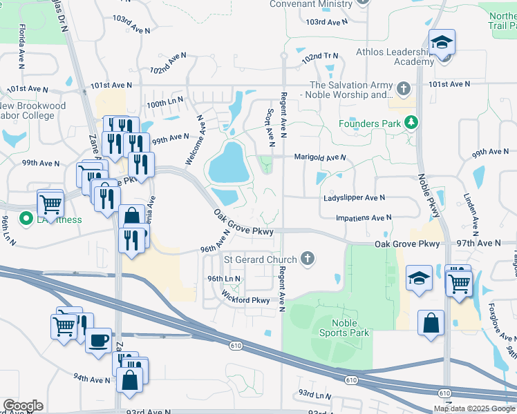 map of restaurants, bars, coffee shops, grocery stores, and more near 5200 Oak Grove Parkway in Brooklyn Park
