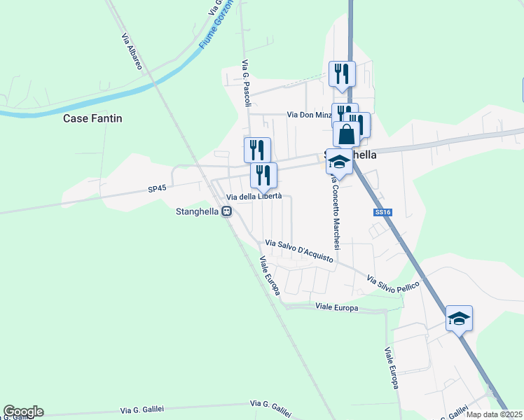 map of restaurants, bars, coffee shops, grocery stores, and more near Via Antonio Gramsci in Stanghella