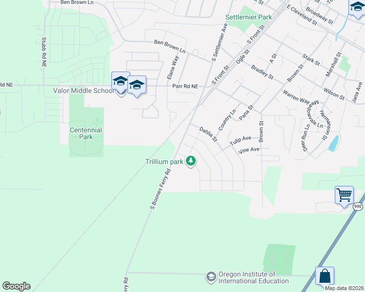 map of restaurants, bars, coffee shops, grocery stores, and more near 1301 Sunflower Street in Woodburn