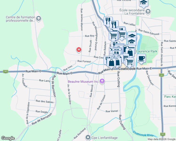 map of restaurants, bars, coffee shops, grocery stores, and more near 251 Rue Main Ouest in Coaticook