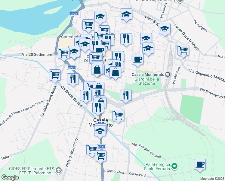 map of restaurants, bars, coffee shops, grocery stores, and more near 20/A Viale Cavalli D'Olivola in Casale Monferrato