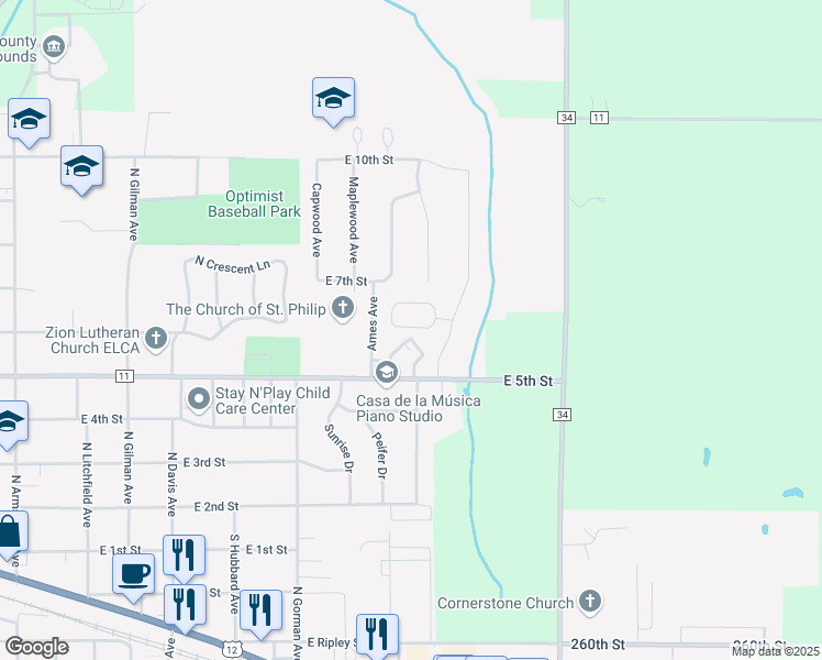 map of restaurants, bars, coffee shops, grocery stores, and more near 901 East 5th Street in Litchfield