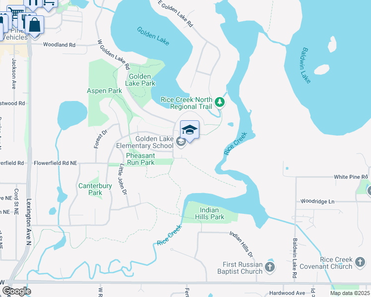 map of restaurants, bars, coffee shops, grocery stores, and more near 1 School Road in Circle Pines