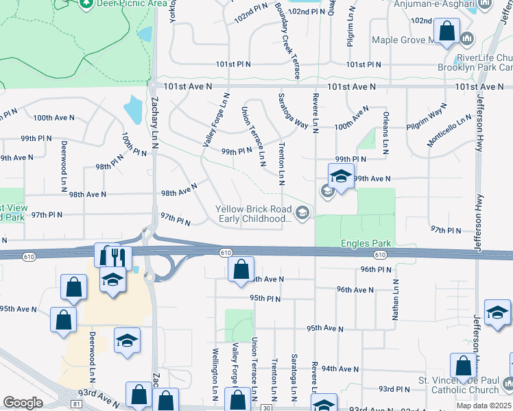 map of restaurants, bars, coffee shops, grocery stores, and more near 10596 97th Place North in Maple Grove