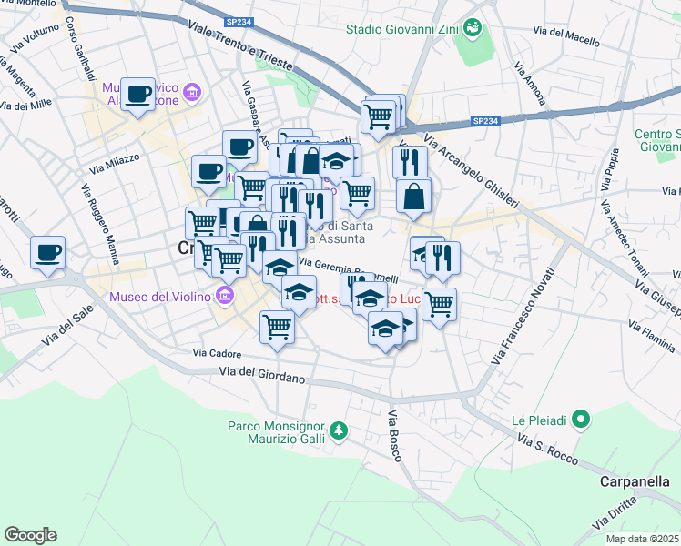 map of restaurants, bars, coffee shops, grocery stores, and more near 47 Via Geremia Bonomelli in Cremona
