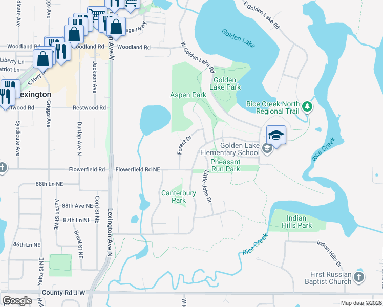 map of restaurants, bars, coffee shops, grocery stores, and more near 342 Forest Drive in Circle Pines