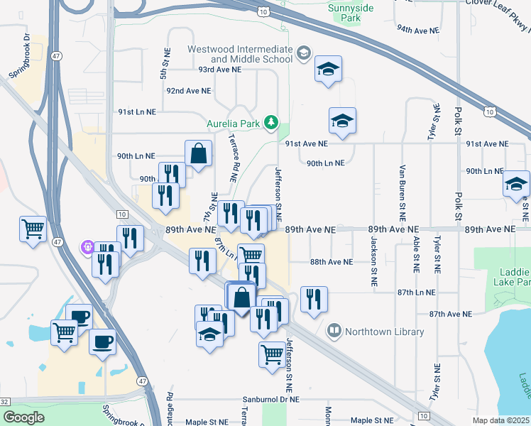 map of restaurants, bars, coffee shops, grocery stores, and more near 293 89th Avenue Northeast in Blaine
